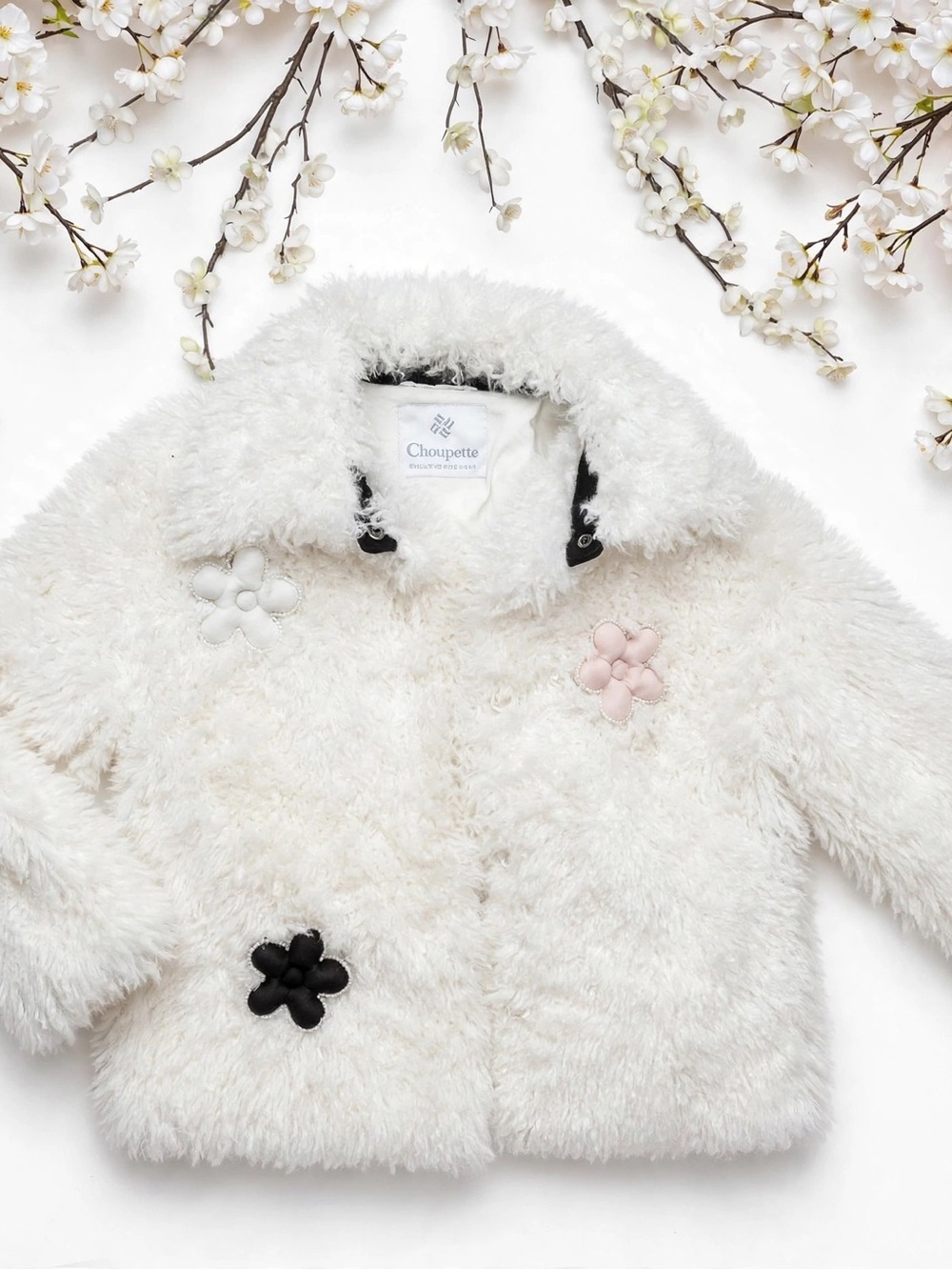 Cream Faux-Fur Flower Appliqué Kids Puffer Coat